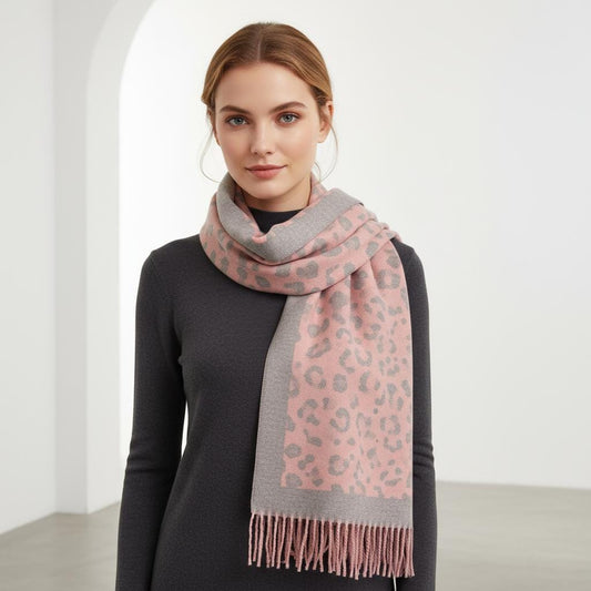 Leopard Cashmere Blend High Quality Soft Large Reversible With Fringes Winter Scarf Shawl With A Free Magnetic Brooch Comes with a gift bag