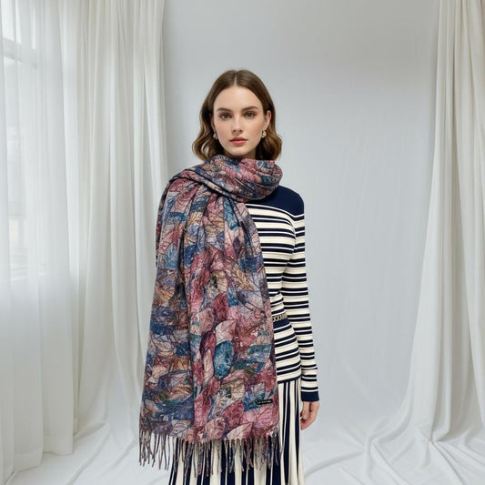 Winter Leaf Print Pashmina Scarf: Cashmere Feel Shawl Comes with a gift bag