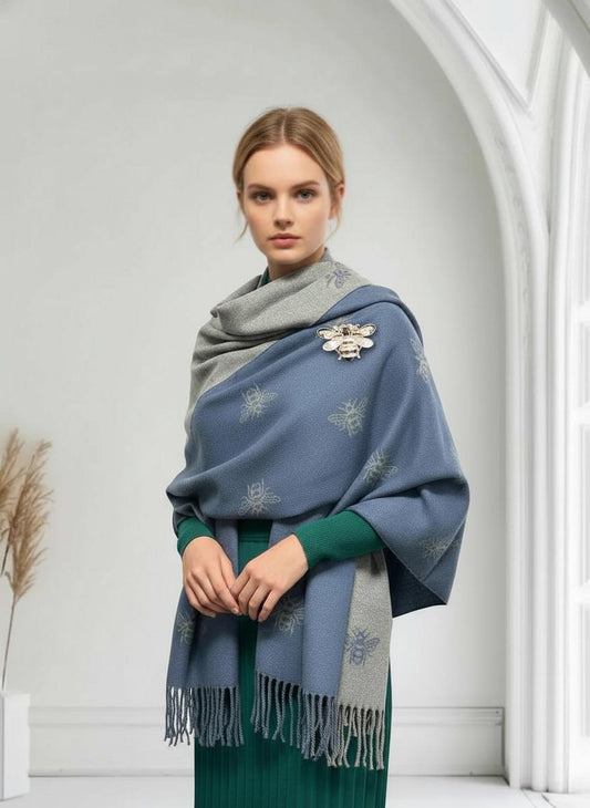 Bee Cashmere Blend Scarf: Large Reversible Winter Blanket With A Bee Magnetic Brooch Comes with a gift bag