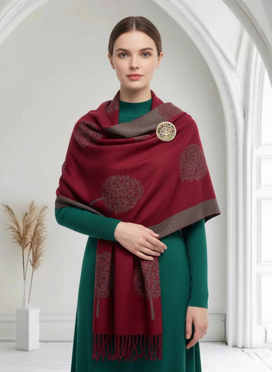 Tree of Life Cashmere Blend Scarf with Magnetic Brooch Comes with a gift bag