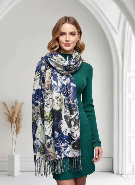 Cat Print Scarf: Cashmere Feel Shawl Wrap for Cat Lovers Comes with a gift bag