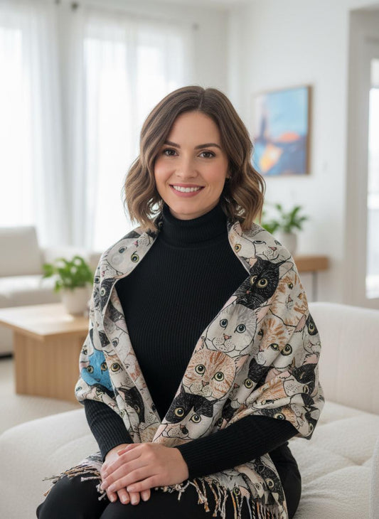 Cute Cat Print Cashmere Feel Shawl Wrap Scarf For Women Comes with a gift bag