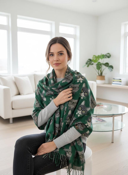 Cat Print Scarf Cashmere Feel Shawl with Tassels Comes with a gift bag