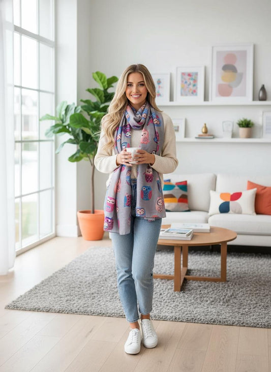 Stylish Owl Print Scarf – Lightweight Scarf for Women Fashion Scarf Comes with a gift bag