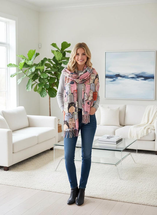 Cat Print Scarf Cashmere Feel Shawl Wrap with Tassels Comes with a gift bag
