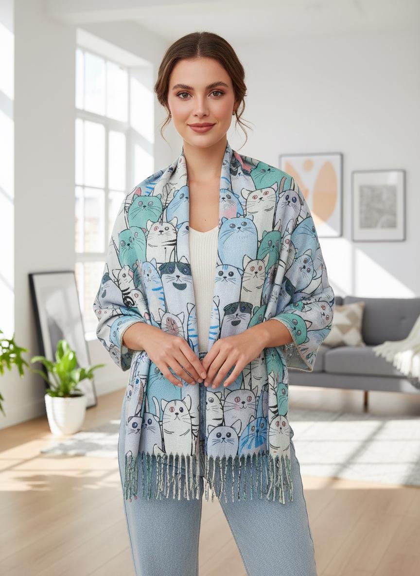 Cat Print Scarf Cashmere Feel Shawl Wrap with Tassels Comes with a gift bag