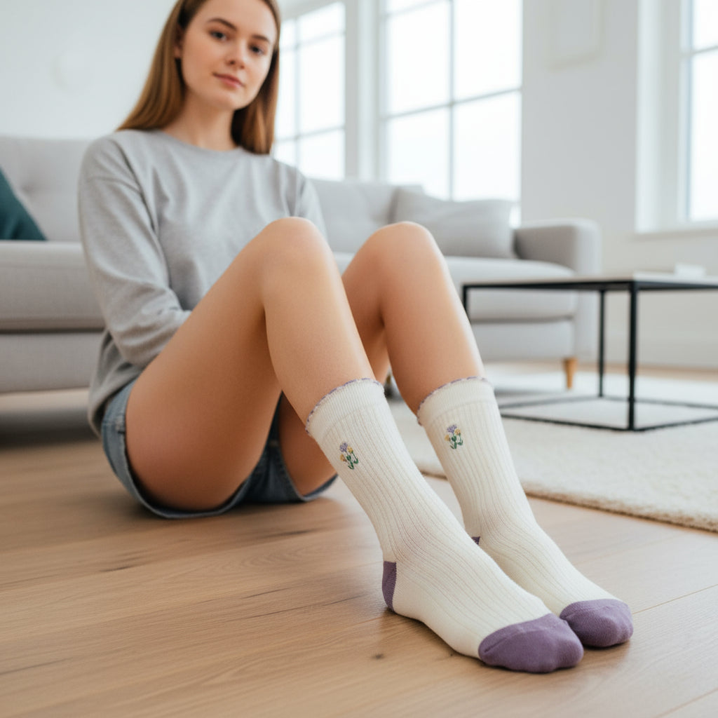 Tulip Embroidered Flower Plain Socks
