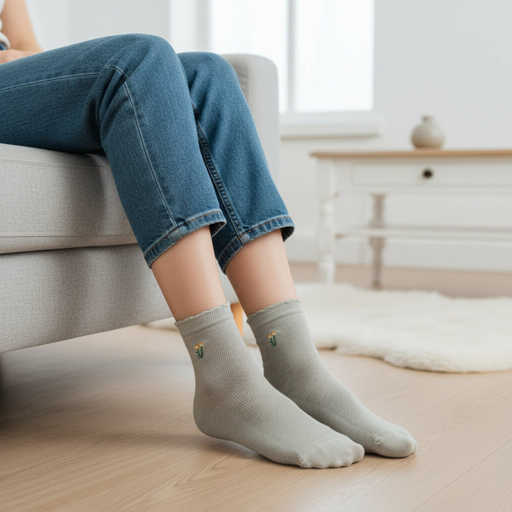 Tulip Plant Embroidered Flower Plain Seamless Socks