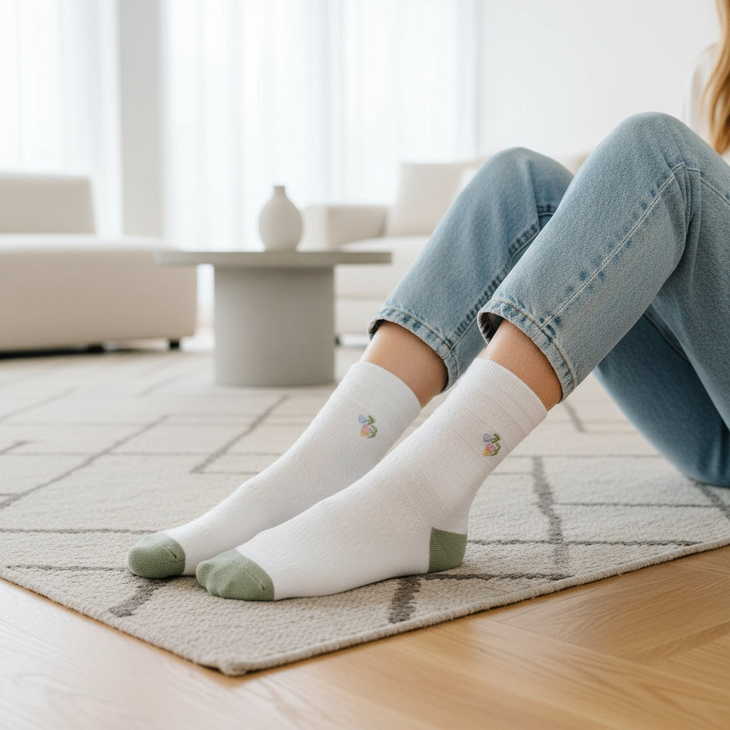 Three colour Tulips Embroidered Flower Plain Seamless Socks
