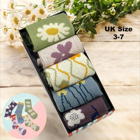 Ladies Seamless Soft Comfort Set of 5 Flower Pattern Crew Socks Premium Quality Gift for Her comes with a gift bag
