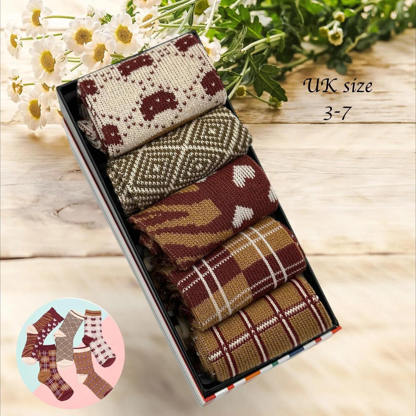 Ladies Seamless Soft Comfort Set of 5 Cats Checker Heart Pattern Crew Socks Premium Quality Gift for Her comes with a gift bag