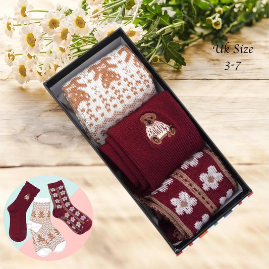 Ladies Seamless Soft Comfort Set of 6 Bear Floral Love Heart Pattern Crew Socks  Gift for Her comes with a gift bag