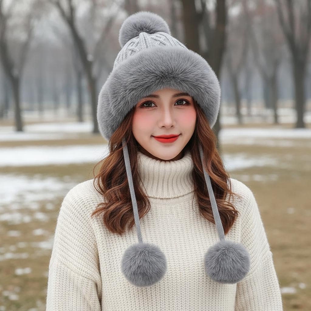 Chunky Knit Pom Pom hat Fleece Lined Winter Hat Comes with a gift bag