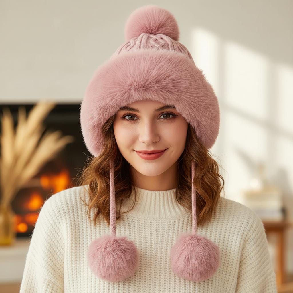 Chunky Knit Pom Pom hat Fleece Lined Winter Hat Comes with a gift bag