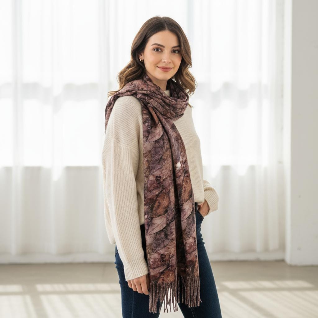 Winter Leaf Print Pashmina Scarf: Cashmere Feel Shawl Comes with a gift bag