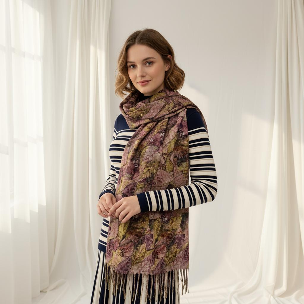 Winter Leaf Print Pashmina Scarf: Cashmere Feel Shawl Comes with a gift bag