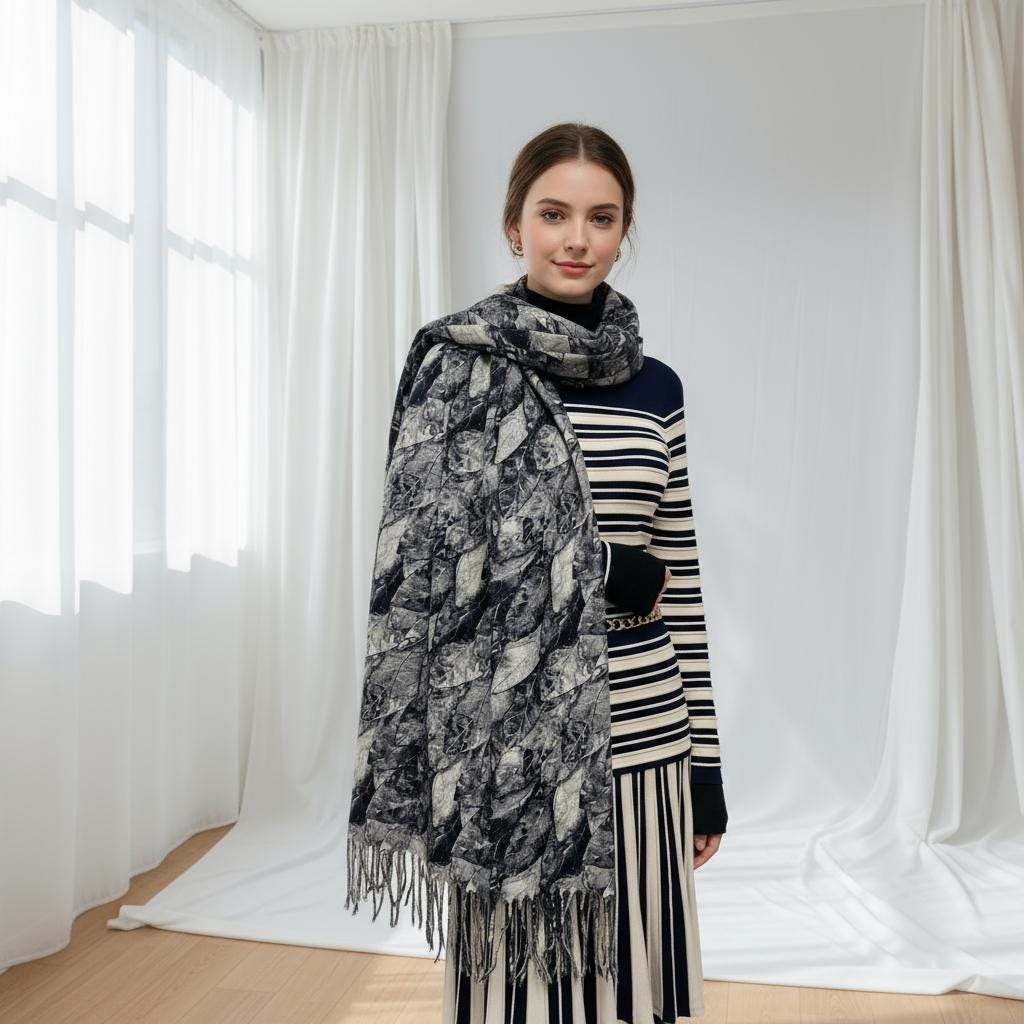 Winter Leaf Print Pashmina Scarf: Cashmere Feel Shawl Comes with a gift bag