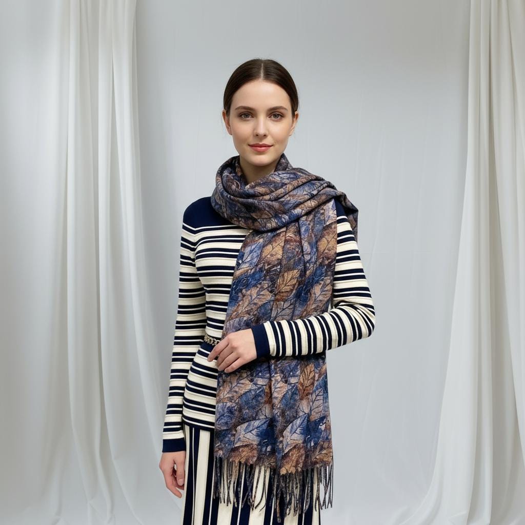 Winter Leaf Print Pashmina Scarf: Cashmere Feel Shawl Comes with a gift bag