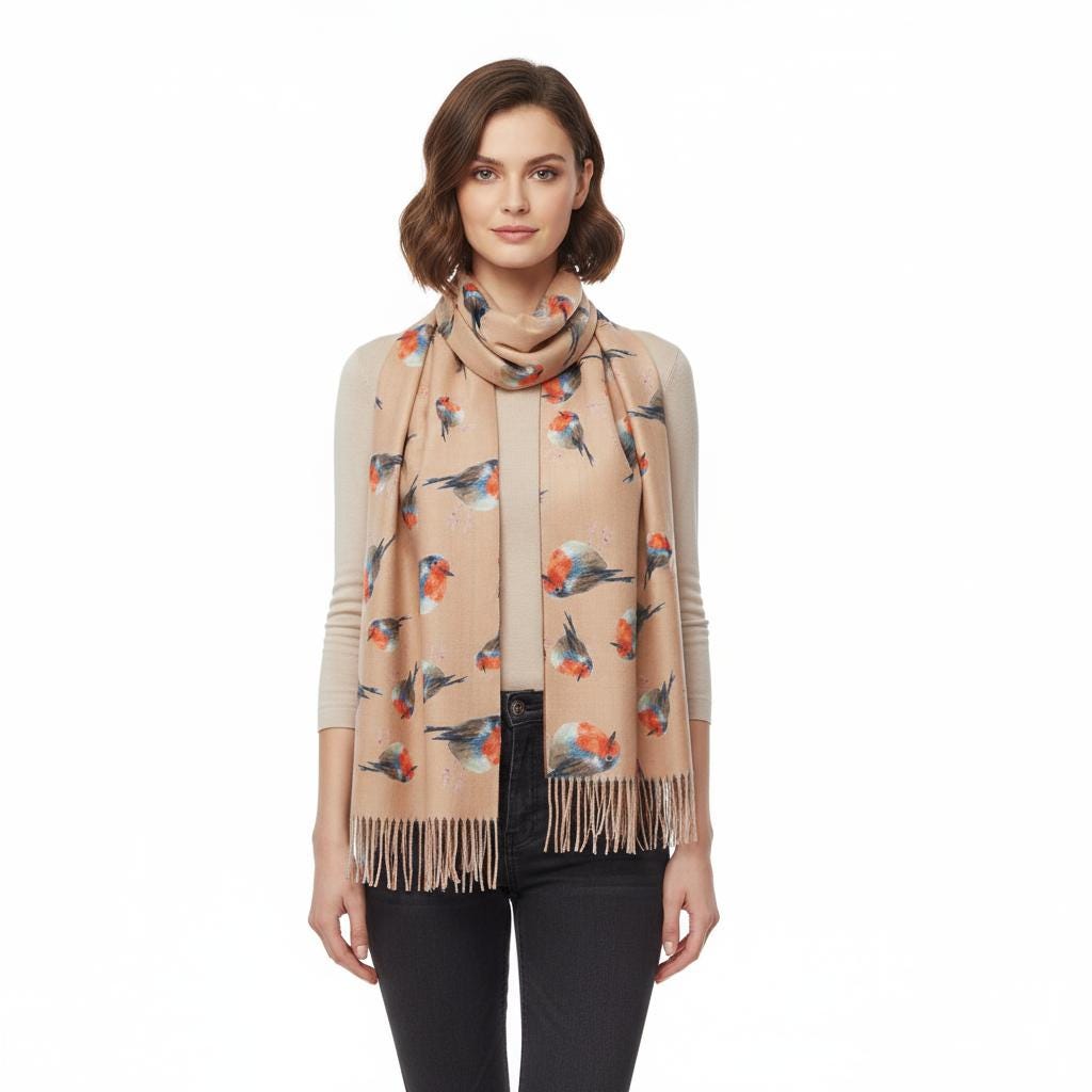 Robin Bird Print Scarf Cashmere Feel Pashmina Shawl Come With A Magnetic Brooch Comes with a gift bag