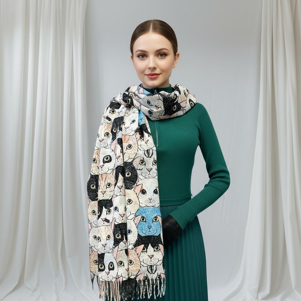Cute Cat  Print Cashmere Feel Shawl Wrap Scarf For Women Comes with a gift bag