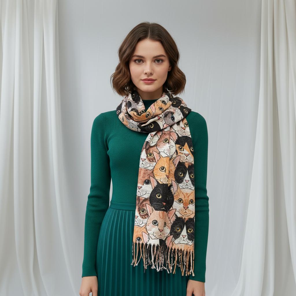 Cute Cat  Print Cashmere Feel Shawl Wrap Scarf For Women Comes with a gift bag