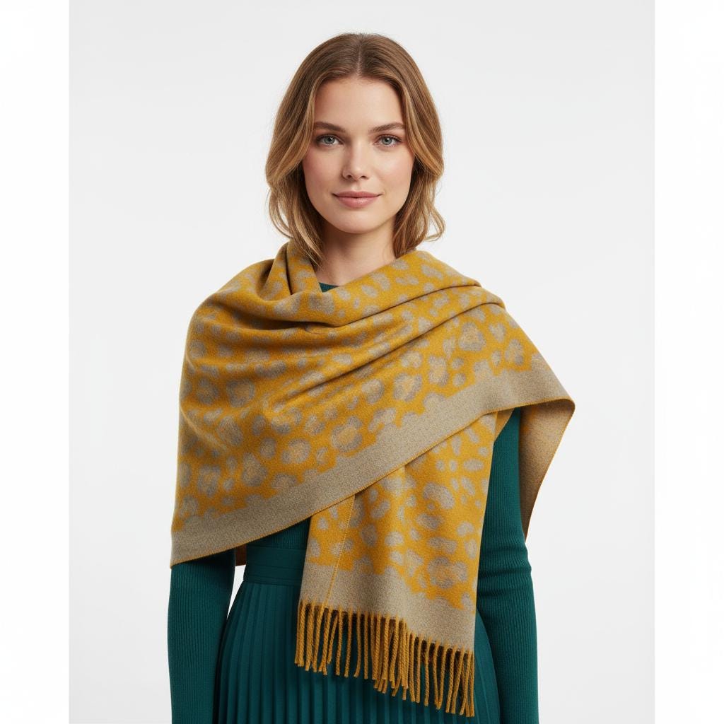 Leopard Cashmere Blend High Quality Soft Large Reversible With Fringes Winter Scarf Shawl With A Free Magnetic Brooch Comes with a gift bag