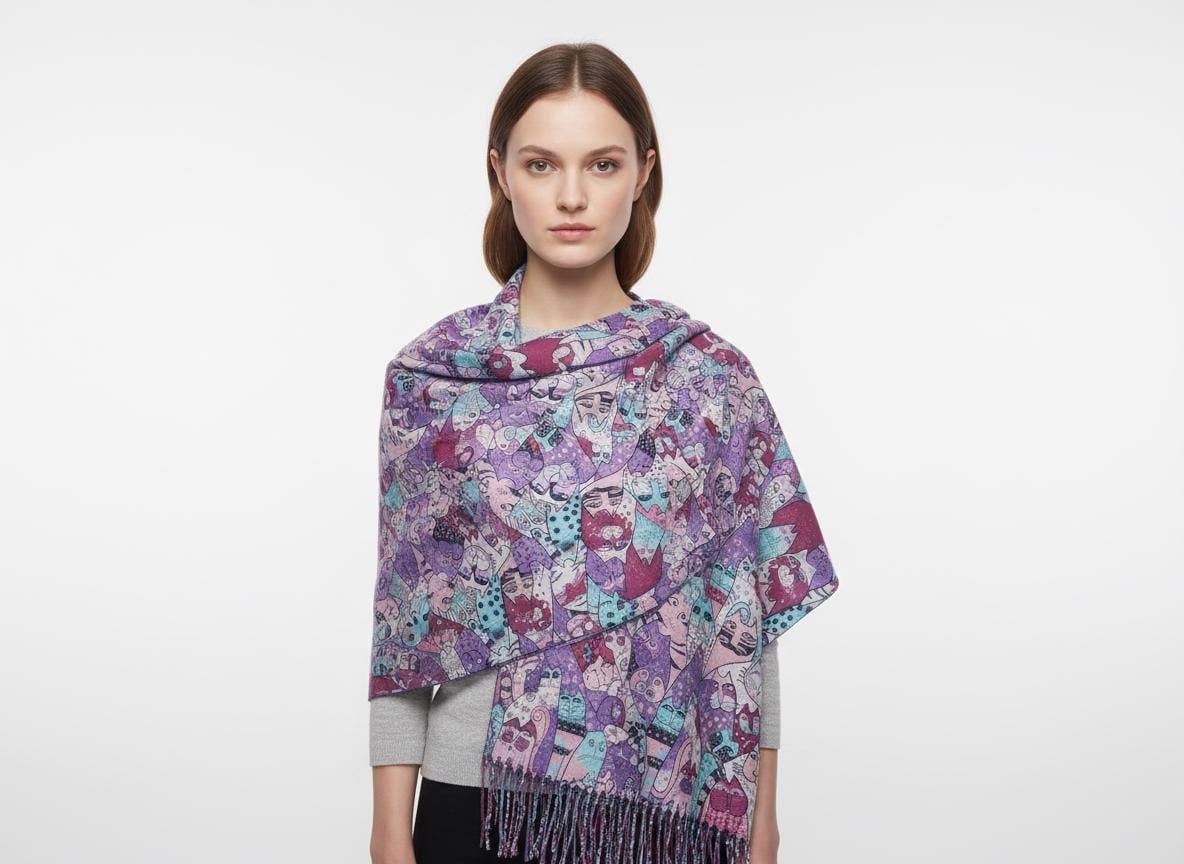 Cute Cat  Print Cashmere Feel Shawl Wrap Scarf For Cat Lovers Comes with a gift bag