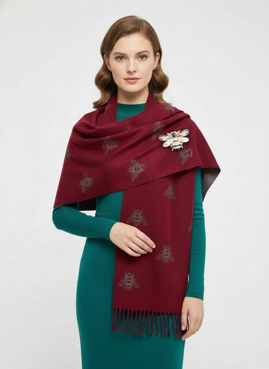 Bee Cashmere Blend Scarf: Large Reversible Winter Blanket With A Bee Magnetic Brooch Comes with a gift bag
