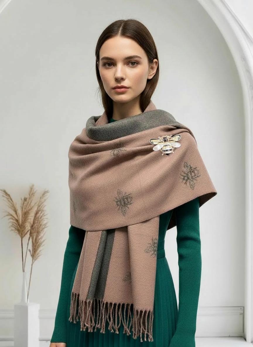 Bee Cashmere Blend Scarf: Large Reversible Winter Blanket With A Bee Magnetic Brooch Comes with a gift bag