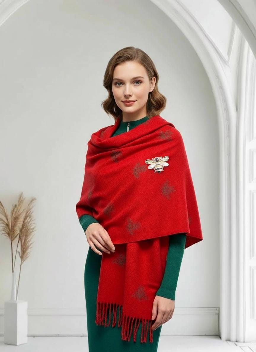 Bee Cashmere Blend Scarf: Large Reversible Winter Blanket With A Bee Magnetic Brooch Comes with a gift bag