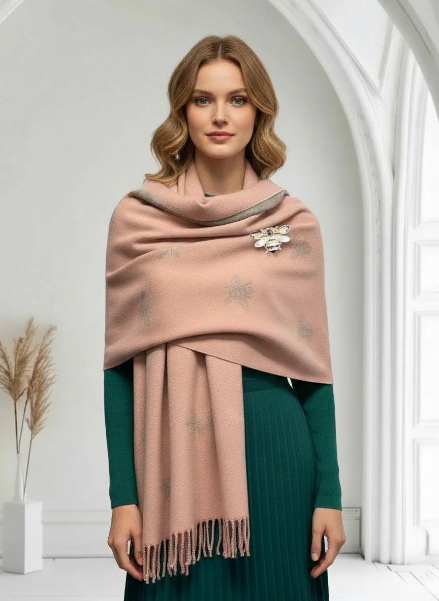 Bee Cashmere Blend Scarf: Large Reversible Winter Blanket With A Bee Magnetic Brooch Comes with a gift bag