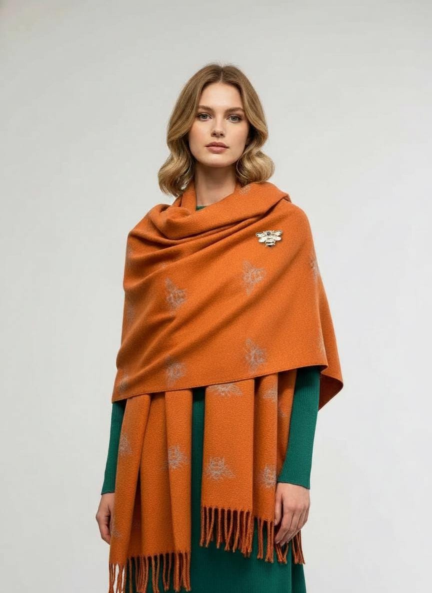Bee Cashmere Blend Scarf: Large Reversible Winter Blanket With A Bee Magnetic Brooch Comes with a gift bag