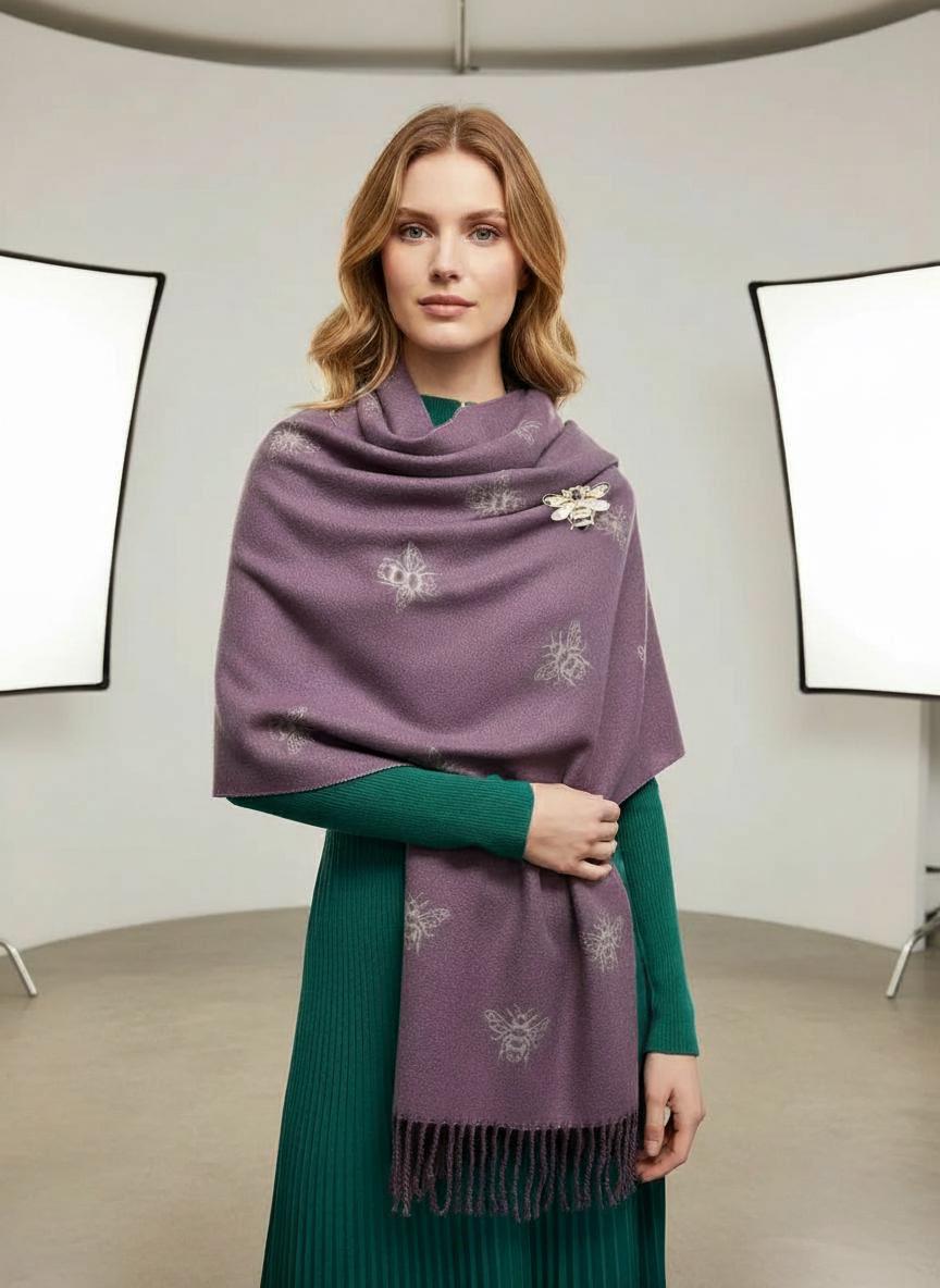 Bee Cashmere Blend Scarf: Large Reversible Winter Blanket With A Bee Magnetic Brooch Comes with a gift bag
