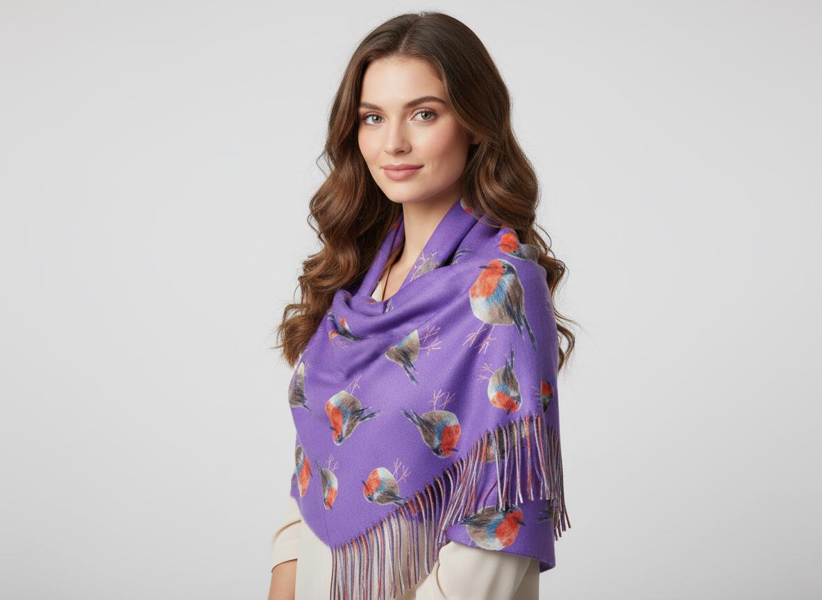Robin Bird Print Scarf Cashmere Feel Pashmina Shawl Come With A Magnetic Brooch Comes with a gift bag