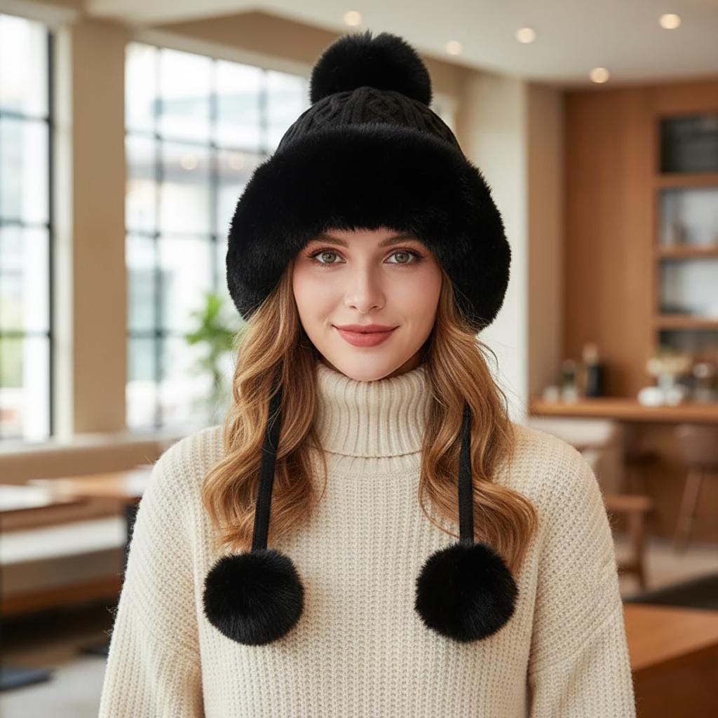 Chunky Knit Pom Pom hat Fleece Lined Winter Hat Comes with a gift bag