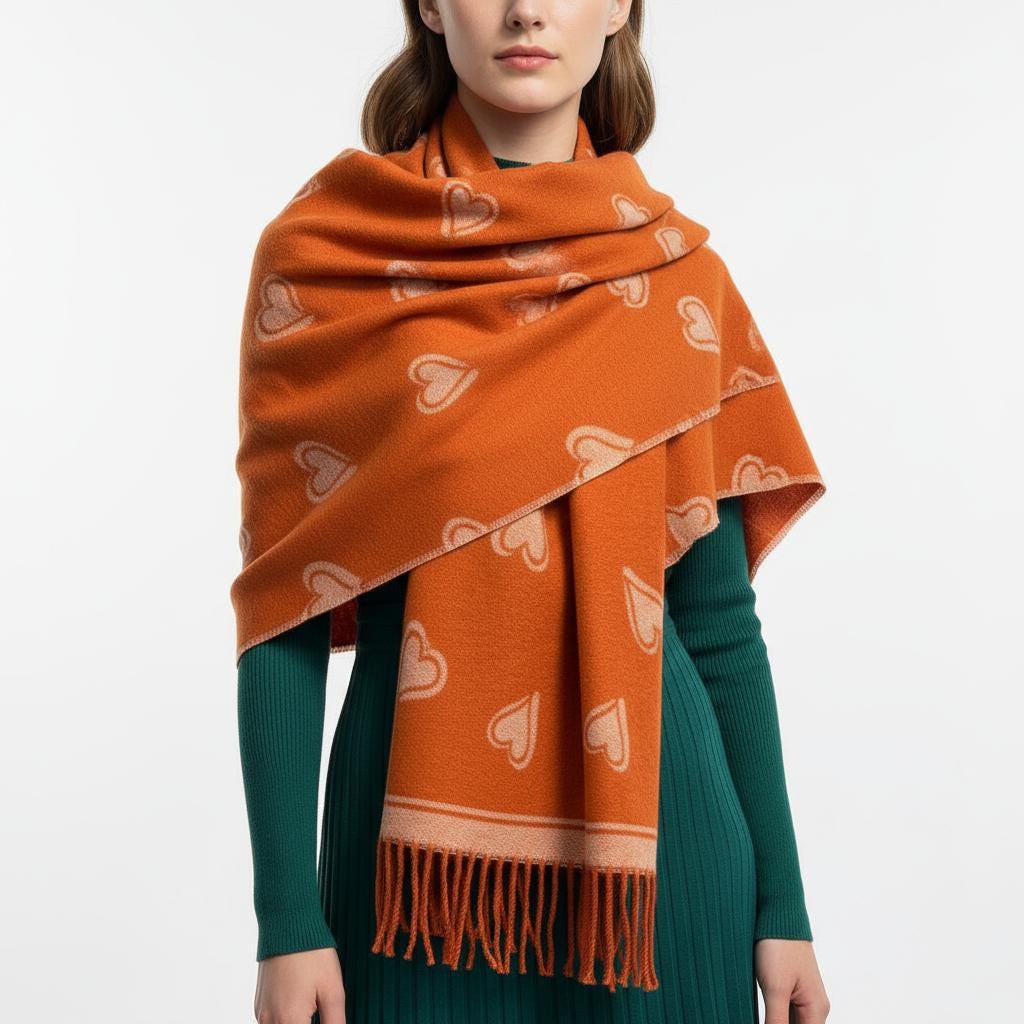 Love Heart Cashmere Blend Soft Large Reversible With Fringes Winter Scarf Shawl With A Magnetic Brooch Comes with a gift bag