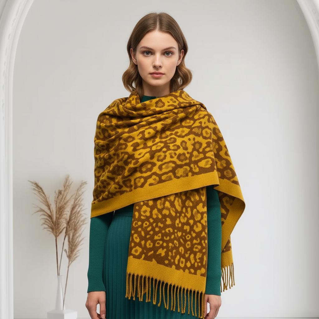 Leopard Cashmere Blend High Quality Soft Large Reversible With Fringes Winter Scarf Shawl With A Free Magnetic Brooch Comes with a gift bag