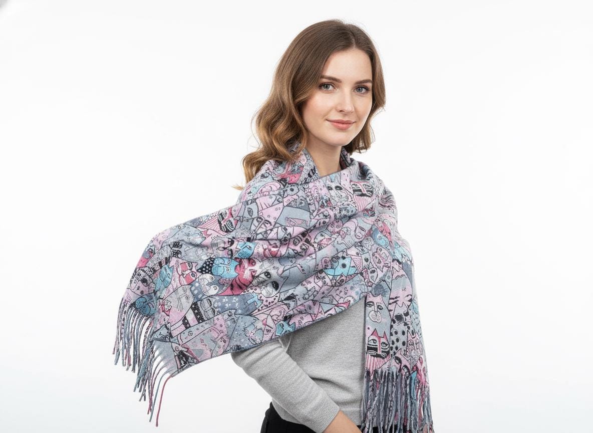 Cute Cat  Print Cashmere Feel Shawl Wrap Scarf For Cat Lovers Comes with a gift bag