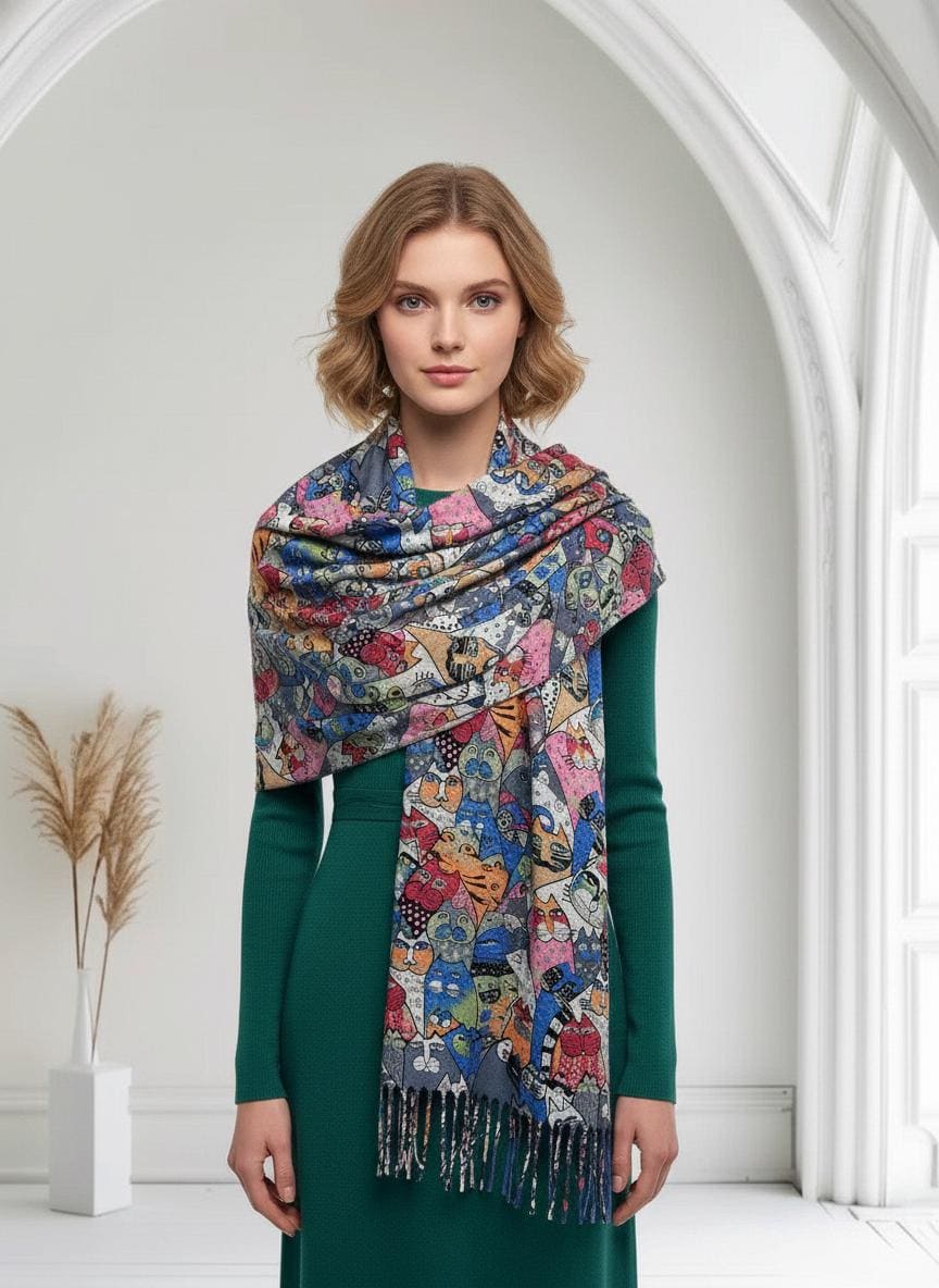 Cute Cat  Print Cashmere Feel Shawl Wrap Scarf For Cat Lovers Comes with a gift bag
