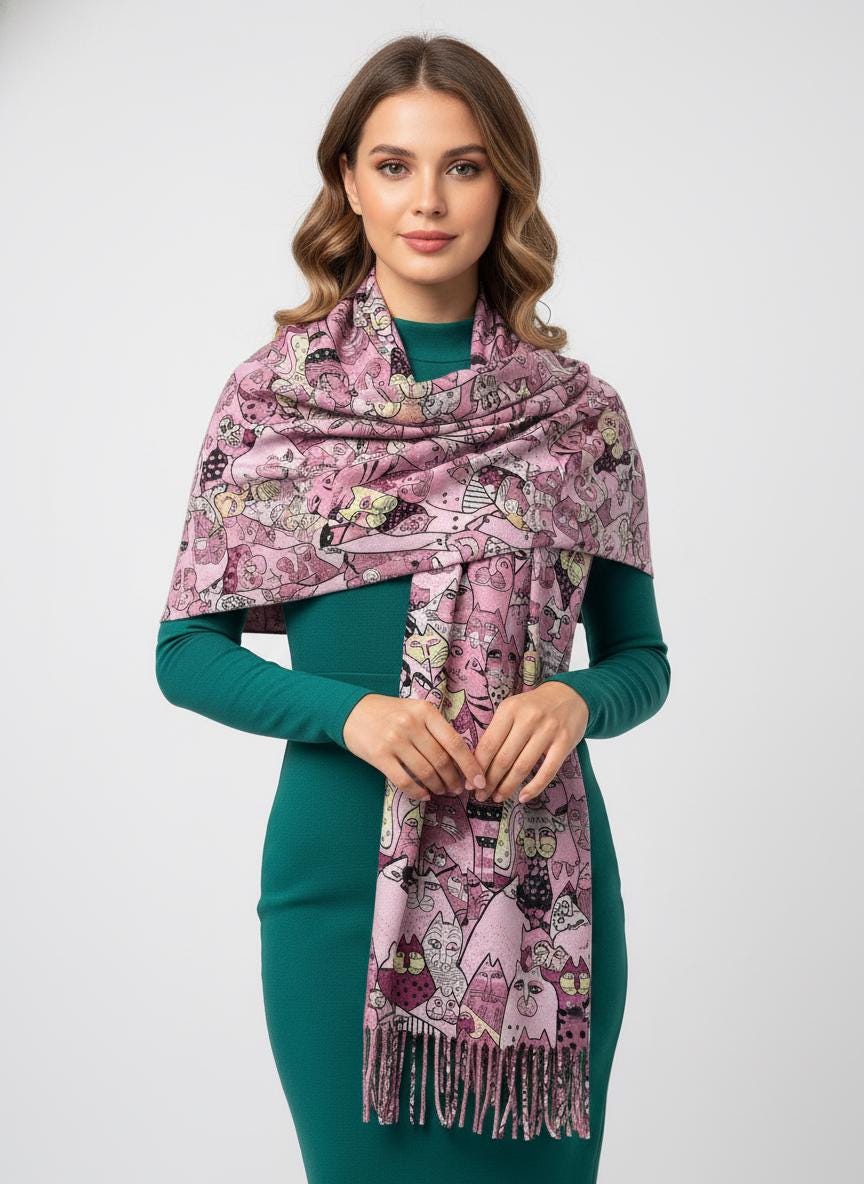Cute Cat  Print Cashmere Feel Shawl Wrap Scarf For Cat Lovers Comes with a gift bag