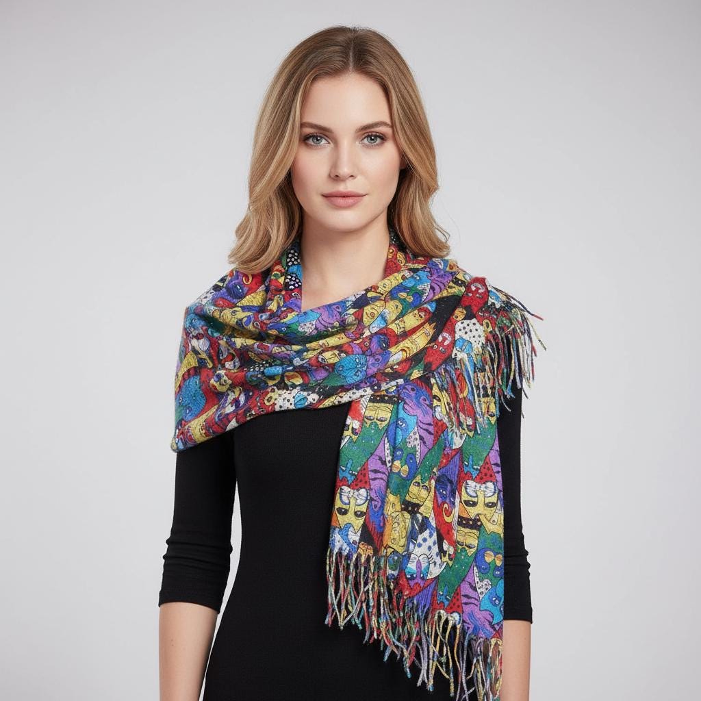 Cute Cat  Print Cashmere Feel Shawl Wrap Scarf For Cat Lovers Comes with a gift bag