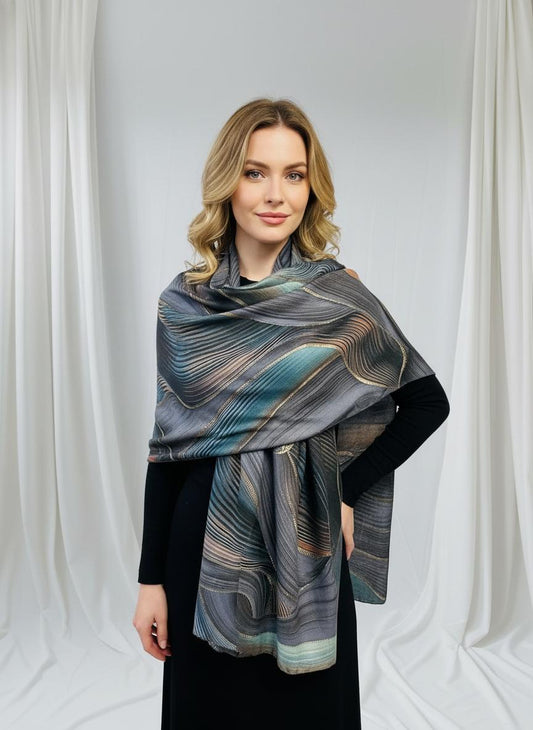 Rose gold outlined Swirl Wave  Print Pashmina Shawl Comes with a gift bag