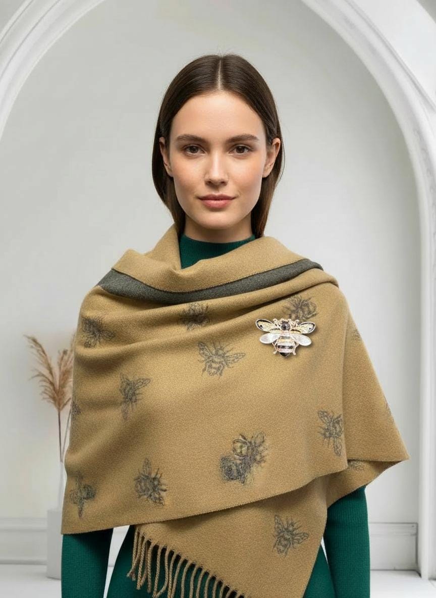Bee Cashmere Blend Scarf: Large Reversible Winter Blanket With A Bee Magnetic Brooch Comes with a gift bag