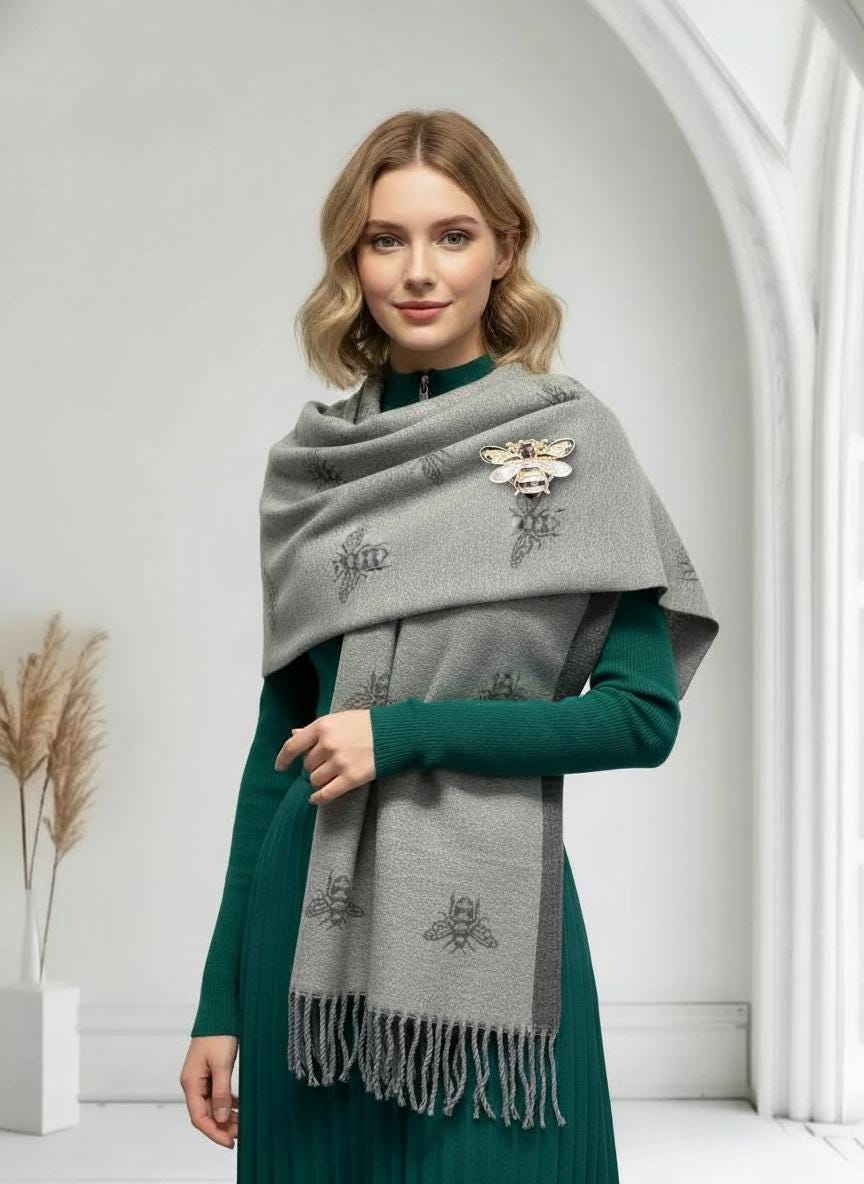 Bee Cashmere Blend Scarf: Large Reversible Winter Blanket With A Bee Magnetic Brooch Comes with a gift bag