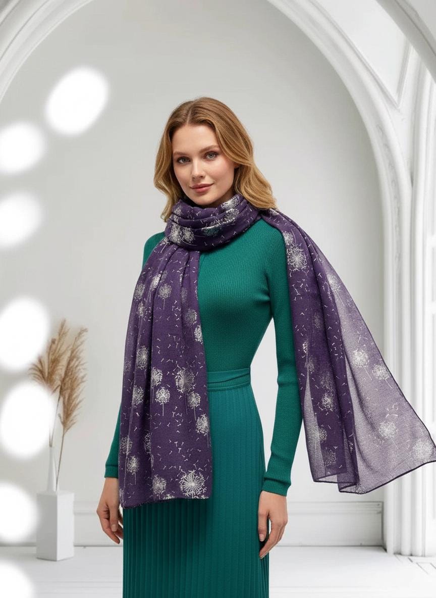 Glitter Shimmer  Dandelion Print Scarf For Women Comes with a gift bag