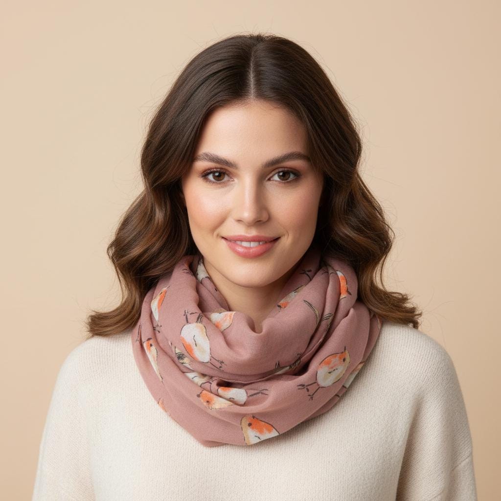 Lightweight Robin Bird Print Snood Infinity Scarf Comes with a gift bag
