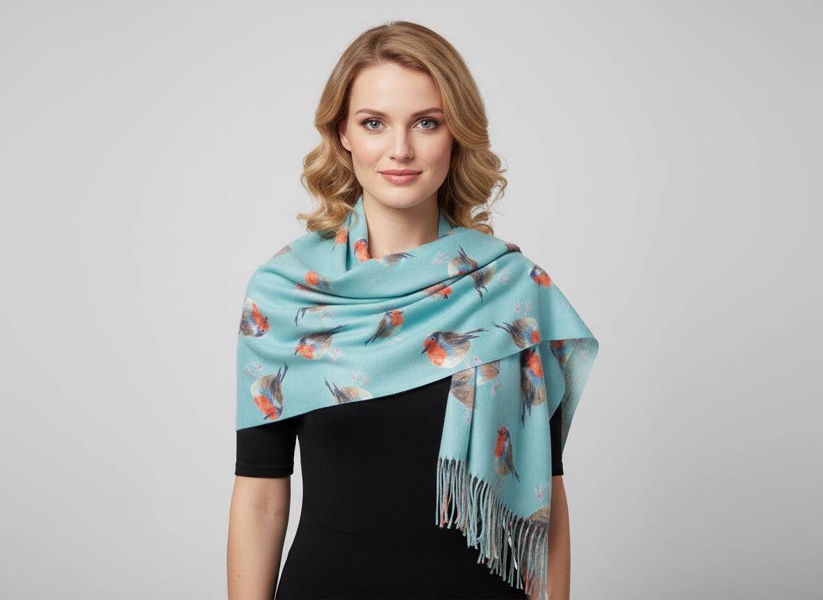 Robin Bird Print Scarf Cashmere Feel Pashmina Shawl Come With A Magnetic Brooch Comes with a gift bag