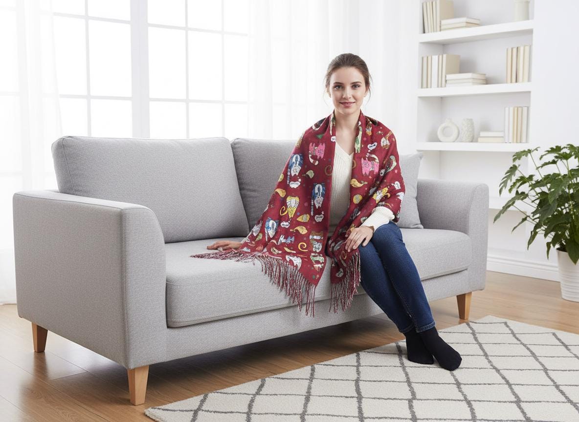 Cat Print Scarf Cashmere Feel Wrap with Tassels Comes with a gift bag