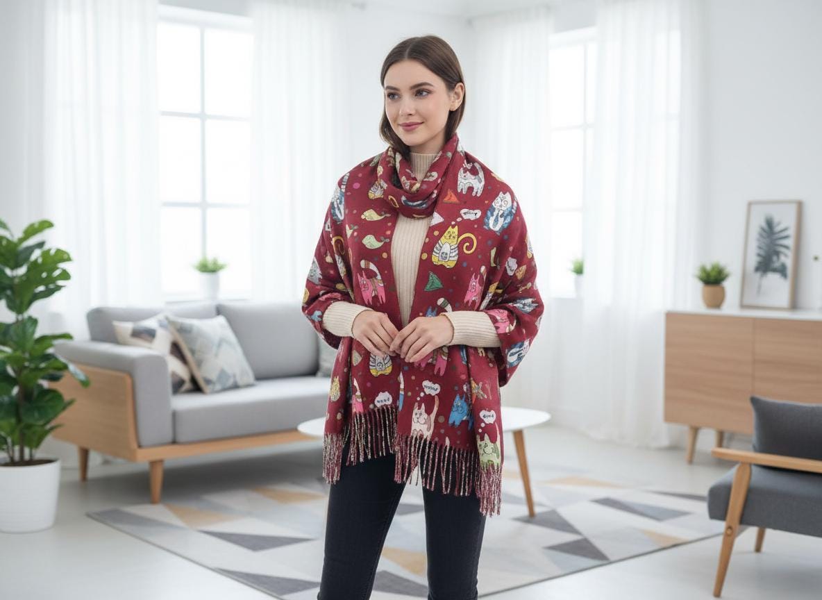 Cat Print Scarf Cashmere Feel Wrap with Tassels Comes with a gift bag