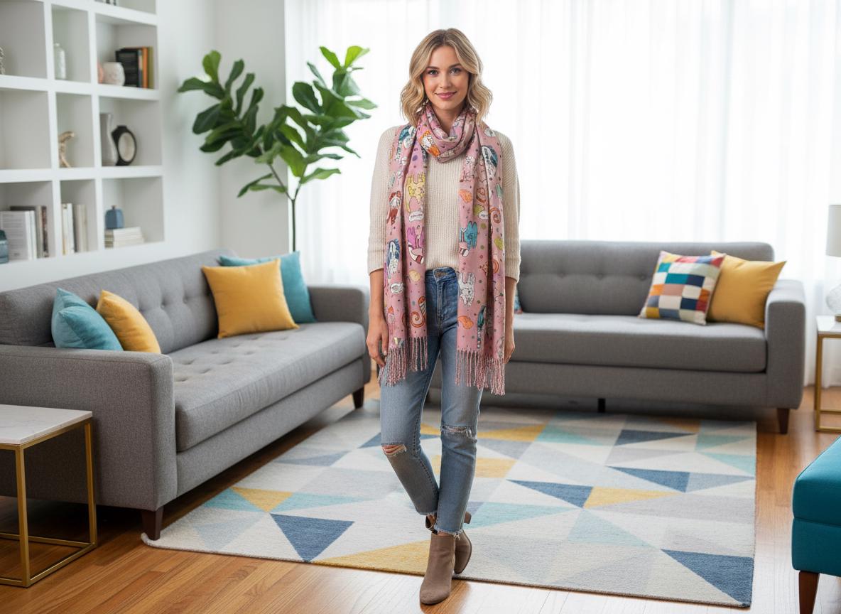 Cat Print Scarf Cashmere Feel Wrap with Tassels Comes with a gift bag